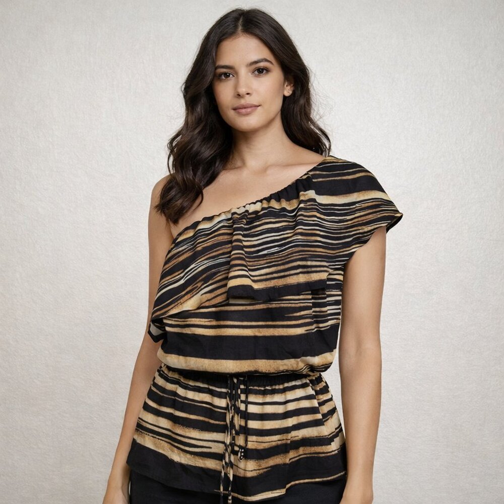 New York & Company One Shoulder Ruffle Blouse Black Tan Size L